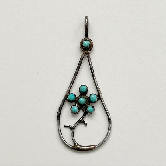 Vintage Southwestern Petit Point Turquoise Flower Sterling Silver Pendant - Picture 1 of 7